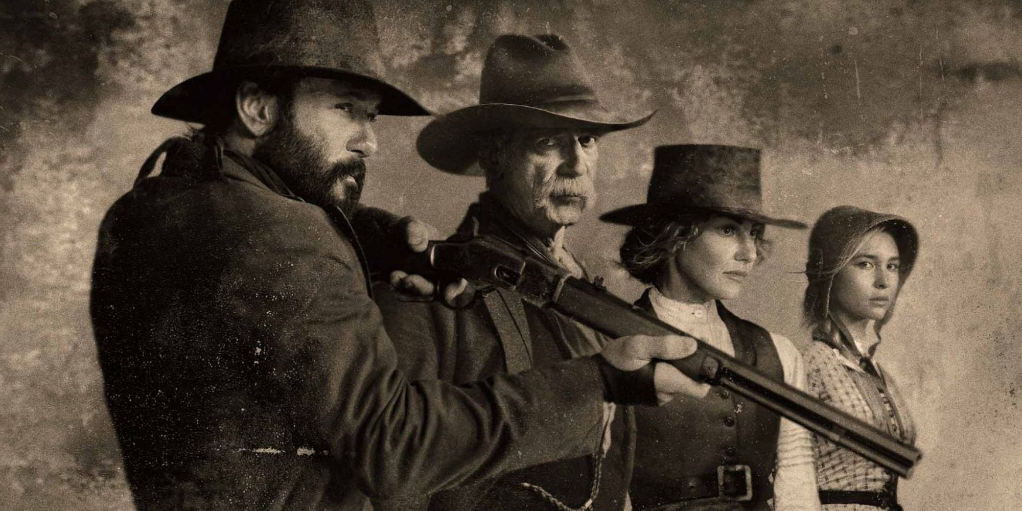Sam Elliot como Shea Brennan, Time McGraw como James Dutton e Fath Hill como Margaret Dutton, lado a lado em uma imagem preta e promocional de 1883.