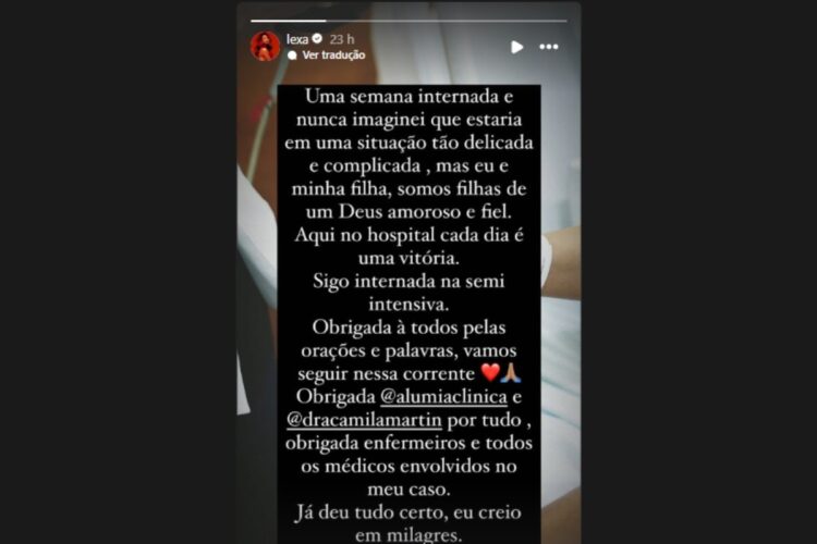 stories de lexa atualizando estado de saúde em internação por pré-eclâmpsia